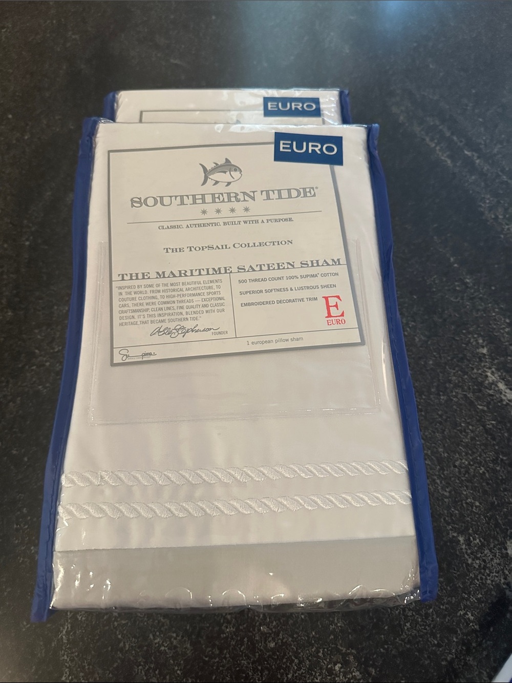 2 NWT Southern Tide White Sateen Euro Sham with gray Trim